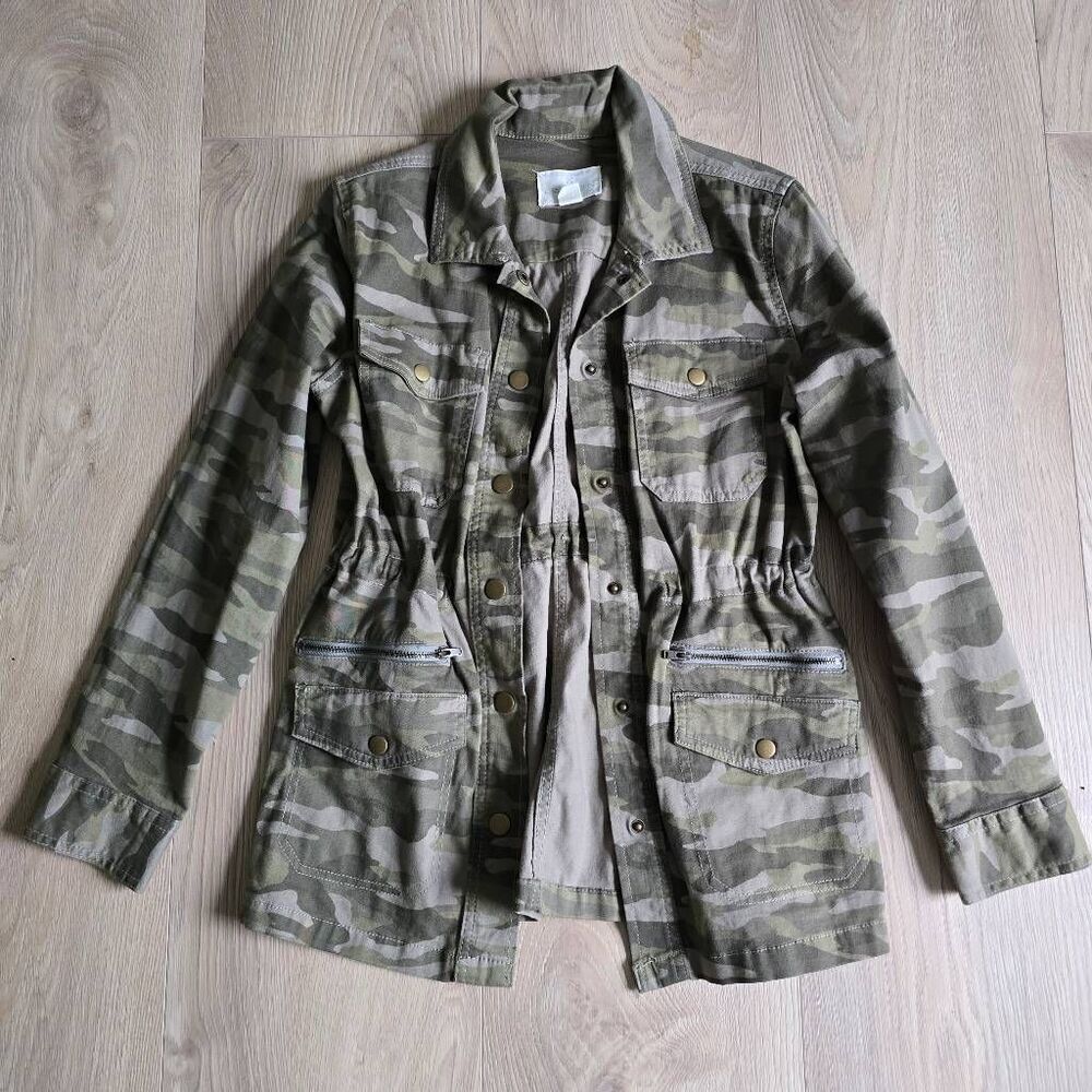 Caslon Utility Jacket Womens XS Green Camouflage Denim Snap Zip Pockets Stretch